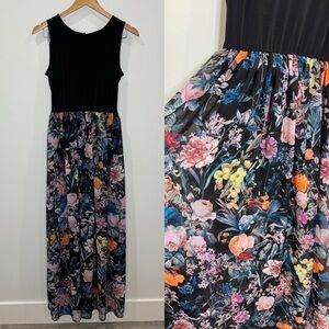 Trulli Black Floral Sleeveless Chiffon Stretch Lined Maxi Dress (S)